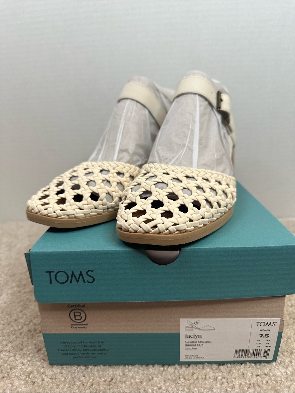 TOMS Jaclyn Woven Cream Leather Mary Jane heels, New in Box
